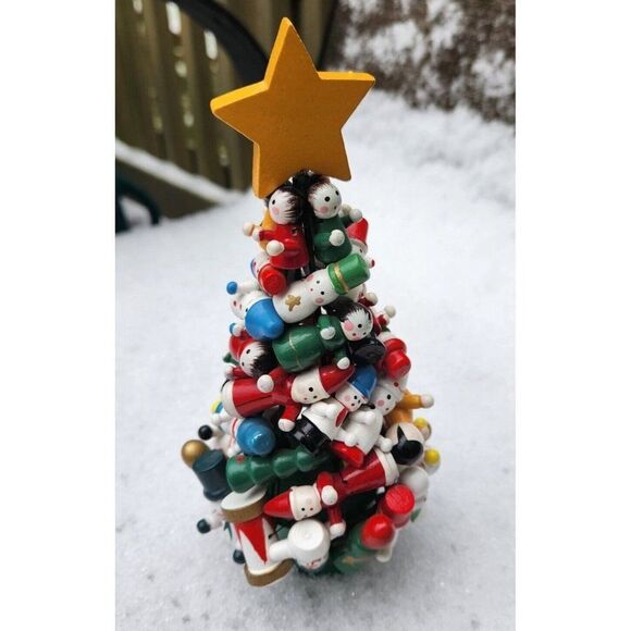 Vintage Wooden Toy Christmas Tree Mini Santa Snowman Drum Bell People Ornaments - Picture 2 of 10